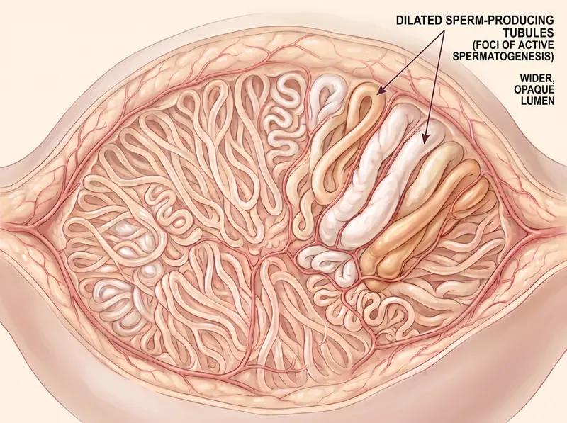 Seminiferous tubules under the operating microscope during Micro-TESE, dilated sperm-producing tubules beside thin empty ones