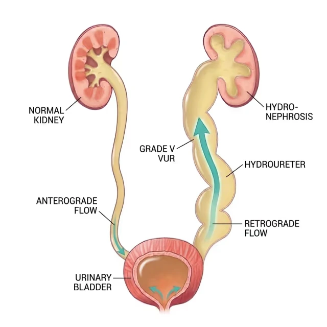 Normal kidney and ureter compared with grade V vesicoureteral reflux causing hydroureter and hydronephrosis
