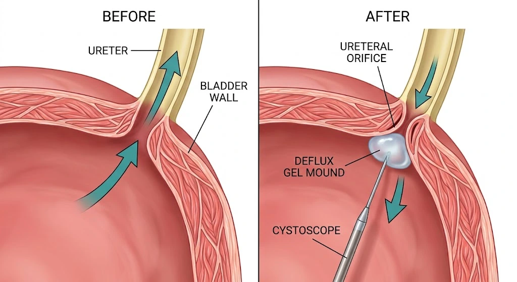 Endoscopic Deflux injection forming a gel mound beneath the ureter opening to stop vesicoureteral reflux